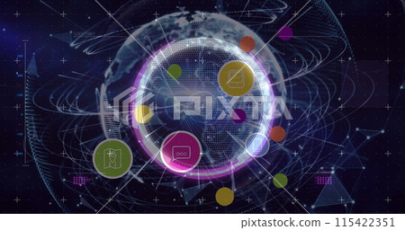 Image of digital icons over scopes scanning with network of connection on blue background 115422351