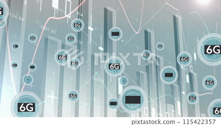 Image of network of connections with 6g text over diagrams Image of network of connections with 6g text over diagrams 115422357
