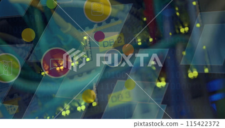 Image of digital icons over blue screens and computer cables in background Image of digital icons over blue screens and computer cables in background 115422372