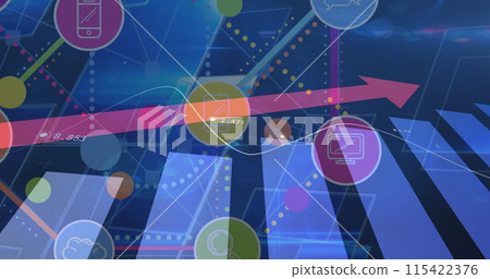 Image of digital icons over statistics with pink arrow pointing up in background Image of digital icons over statistics with pink arrow pointing up in background 115422376