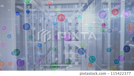 Image of digital icons and data processing over computer servers in background Image of digital icons and data processing over computer servers in background 115422377
