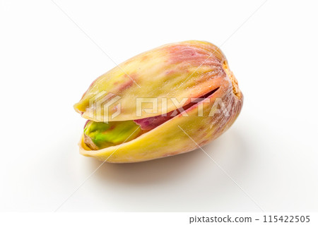 Close-up of shelled and unshelled pistachios nuts isolated on a white background, showcasing their texture Close-up of shelled and unshelled pistachios nuts isolated on a white background, showcasing their texture 115422505