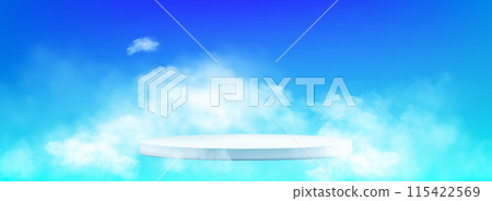White cylinder product podium in clouds on blue 115422569