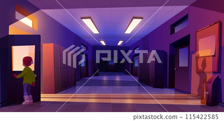 Lonely child in Santa hat alone in school hall Lonely child in Santa hat alone in school hall 115422585