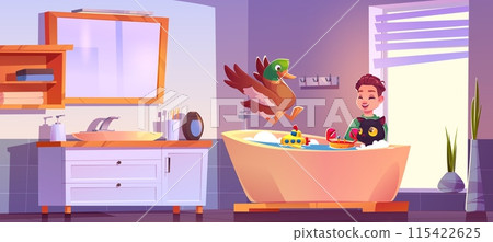 Kid boy in bathroom bathe cat and duck Kid boy in bathroom bathe cat and duck 115422625