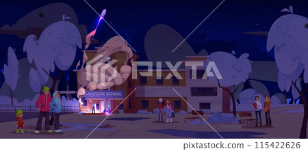 People on school yard look at man launching rocket People on school yard look at man launching rocket 115422626