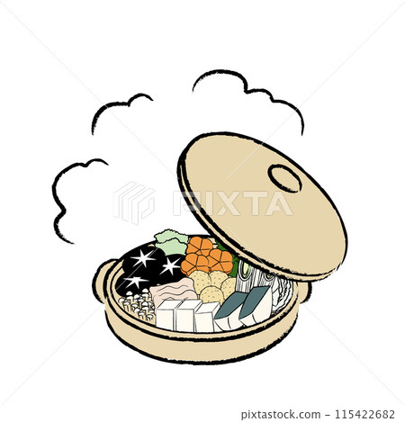 Illustration of a warm hot pot with a colored lid 115422682