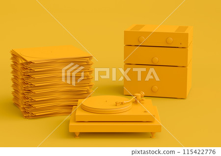 Set of Hi-fi speakers and DJ turntable with vinyl LP record on heap of covers Set of Hi-fi speakers and DJ turntable with vinyl LP record on heap of covers 115422776
