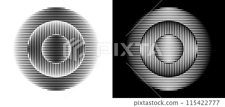 Transition parallel lines in circles. Abstract art geometric background for logo, icon, tattoo. Black shape on a white background and the same white shape on the black side. Transition parallel lines in circles. Abstract art geometric background for logo, icon, tattoo. Black shape on a white background and the same white shape on the black side. 115422777
