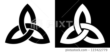 Traditional Celtic shamrock as an ornament or tattoo. A black figure on a white background and an equally white figure on the black side. Traditional Celtic shamrock as an ornament or tattoo. A black figure on a white background and an equally white figure on the black side. 115422779