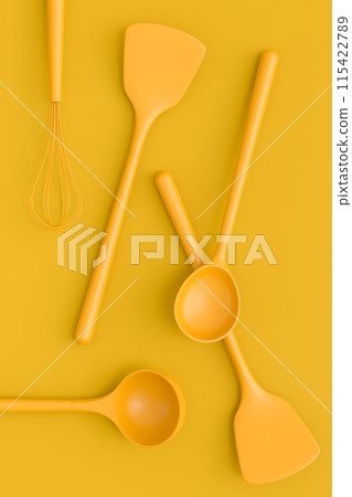 Wooden kitchen utensils, tools and equipment on yellow monochrome background. Wooden kitchen utensils, tools and equipment on yellow monochrome background. 115422789