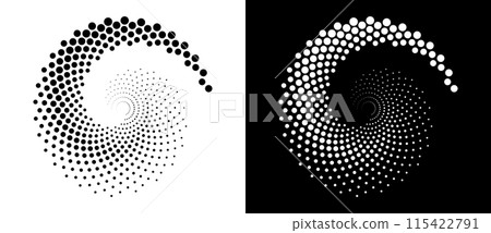 Modern abstract background. Halftone dots in circle form. Round logo, design element or icon. Vector dotted frame. A black figure on a white background and an equally white figure on the black side. Modern abstract background. Halftone dots in circle form. Round logo, design element or icon. Vector dotted frame. A black figure on a white background and an equally white figure on the black side. 115422791