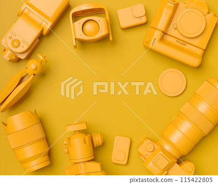 Top view of designer workspace and photography gear on monochrome table 115422805