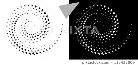 Spiral dotted background with triangles. Design element or icon. Black shape on a white background and the same white shape on the black side. 115422809