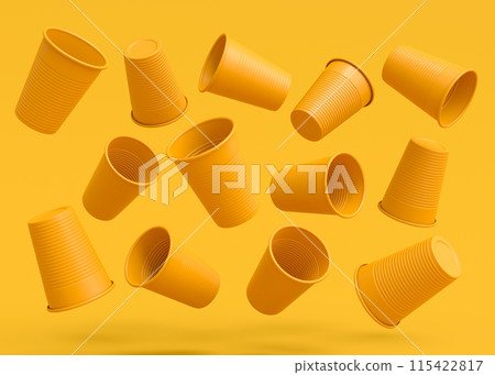 Set of plastic disposable party cup for juice, fresh, beer on monochrome yellow Set of plastic disposable party cup for juice, fresh, beer on monochrome yellow 115422817