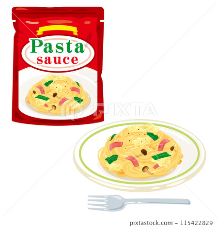 Retort pasta sauce in a pouch and pasta served on a plate 115422829