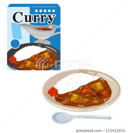 盒裝蒸煮咖哩和咖哩飯放在盤子裡 115422833