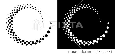 Halftone dots in spiral. Modern abstract background. Design element or icon, logo. Black shape on a white background and the same white shape on the black side. 115422861
