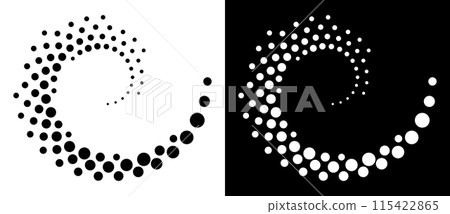 Halftone dots in spiral. Modern abstract background. Design element or icon, logo. Black shape on a white background and the same white shape on the black side. 115422865