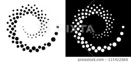 Halftone dots in spiral. Modern abstract background. Design element or icon, logo. Black shape on a white background and the same white shape on the black side. Halftone dots in spiral. Modern abstract background. Design element or icon, logo. Black shape on a white background and the same white shape on the black side. 115422868