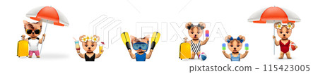 Funny cute dogs in swimming suit and sunglasses holding umbrella and beach ball 115423005