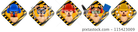 Funny dog with construction tools and sign isolated on white Funny dog with construction tools and sign isolated on white 115423009