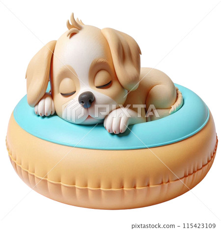 Dog sleeping on the back of a rubber ring 115423109