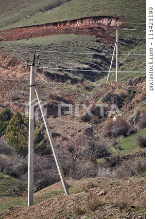 Old power line with small power flows at low household voltage levels in the countryside. carrying electricity Old power line with small power flows at low household voltage levels in the countryside. carrying electricity 115423199