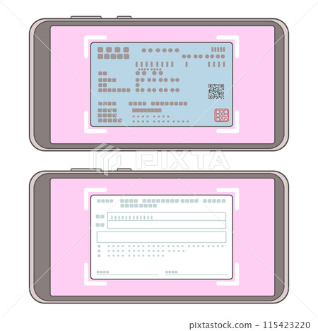 用智慧型手機水平拍攝健康保險卡正面和背面的插圖集 115423220