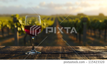 Landscape with vineyards and a glass of red wine 115423320
