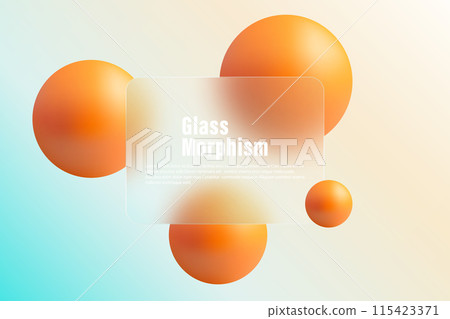 Glass morphism banner template. Plastic rectangle made of transparent plastic with a blur effect. Spheres morphism abstract art. Glass morphism banner template. Plastic rectangle made of transparent plastic with a blur effect. Spheres morphism abstract art. 115423371