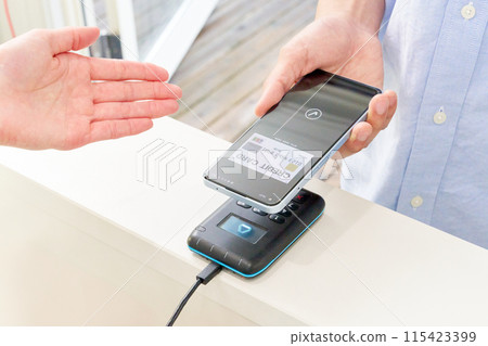 Customer and store clerk making a cashless payment 115423399