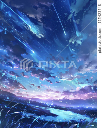 Scenery with a shining blue night sky and clouds AI image 115423548