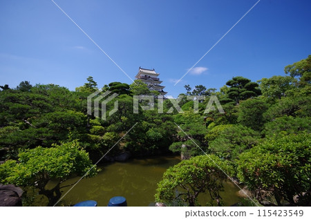 The castle tower from Fukuju Hall in Fukuyama Castle Park 115423549