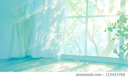 An illustration of fantastic sunlight streaming through a window with the curtains open An illustration of fantastic sunlight streaming through a window with the curtains open 115423768