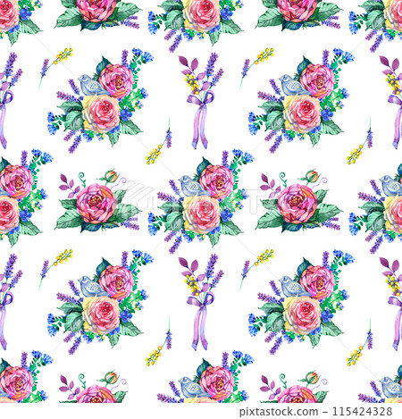 Watercolor Vintage Floral Seamless Pattern, Watercolor Bouquet of Red Roses and Wildflowers, Botanical Natural Digital Paper on White Background Watercolor Vintage Floral Seamless Pattern, Watercolor Bouquet of Red Roses and Wildflowers, Botanical Natural Digital Paper on White Background 115424328
