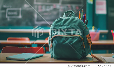 school backpack on desk in classroom with blurred blackboard background school backpack on desk in classroom with blurred blackboard background 115424867
