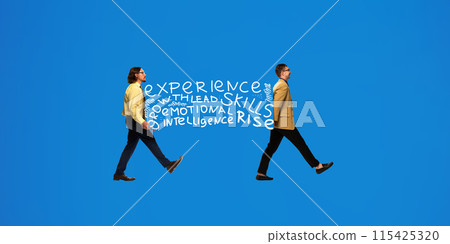 Contemporary art collage. Business people carrying box with words as skills, growth, rise, experience and emotional intelligence. 115425320