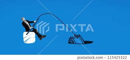 Contemporary art collage. A man pulls out large amount of money with fishing rod on blue background. Success depends on work. Contemporary art collage. A man pulls out large amount of money with fishing rod on blue background. Success depends on work. 115425322