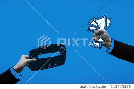 Contemporary art collage. Financial exchange. One hand holding money, cash in hands and another hand holding wallet against blue background. 115425326