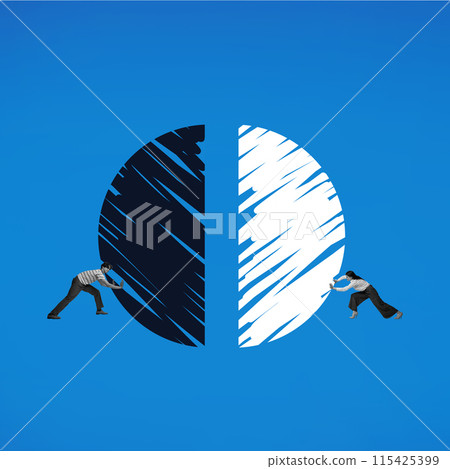 Contemporary art collage. Motivated businessman positioned on either side of circle, pushing halves together. Joining forces Contemporary art collage. Motivated businessman positioned on either side of circle, pushing halves together. Joining forces 115425399