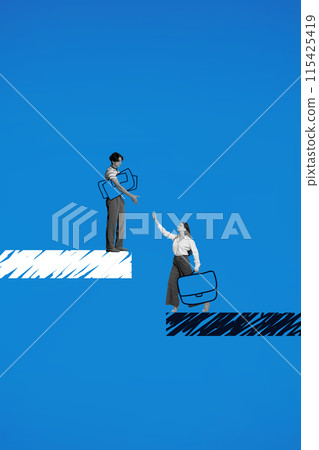 Contemporary art collage. Young man, with document, stands higher than woman, with briefcase, who's he reaching to help her. 115425419