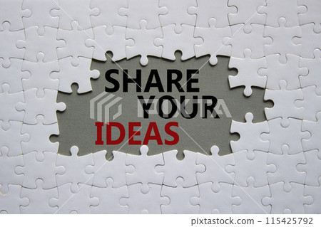 Share your Ideas symbol. Concept words Share your Ideas on white puzzle. Beautiful grey background. Business and Share your Ideas concept. Copy space. Share your Ideas symbol. Concept words Share your Ideas on white puzzle. Beautiful grey background. Business and Share your Ideas concept. Copy space. 115425792