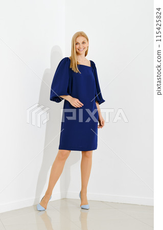 Beautiful woman posing in blue dress with balloon sleeves Beautiful woman posing in blue dress with balloon sleeves 115425824