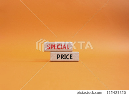 Special Price symbol. Concept word Special Price on wooden blocks. Beautiful orange background. Business and Special Price concept. Copy space 115425850