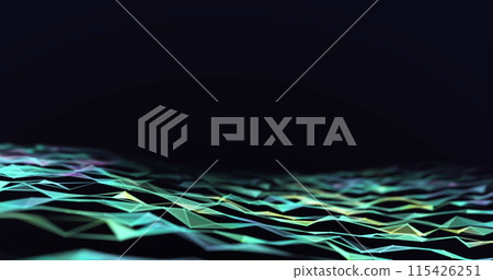 A digital landscape of low-poly shapes stretches across the screen A digital landscape of low-poly shapes stretches across the screen 115426251