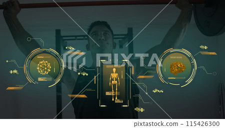 Image of data processing over caucasian man exercising in gym 115426300
