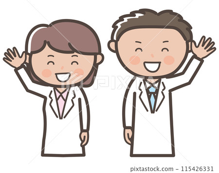 男性和女性醫生(護士)微笑問候的上半身插圖 男性和女性醫生(護士)微笑問候的上半身插圖 115426331