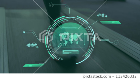 Image of data processing over caucasian woman on treadmill exercising in gym 115426332