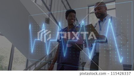 Image of medical vital signs data over african american female and male doctor talking on stairs Image of medical vital signs data over african american female and male doctor talking on stairs 115426337
